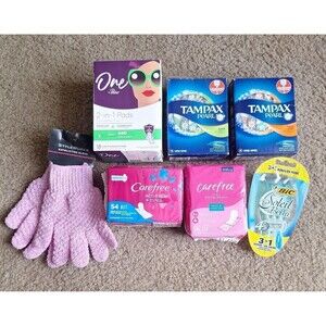 $49 Personal Hygiene Pack:Tampax, Carefree, One by Poise,Soleil Bella Bic,Gloves